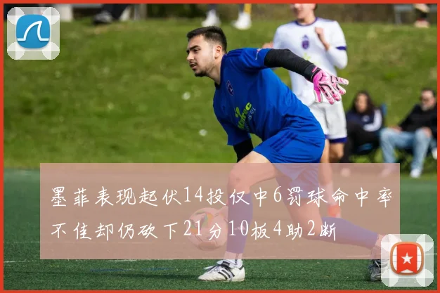 墨菲表现起伏14投仅中6罚球命中率不佳却仍砍下21分10板4助2断